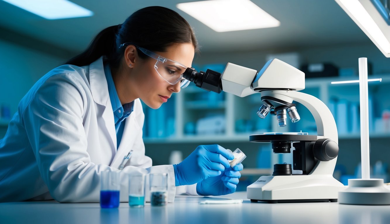 A forensic science technician carefully examines evidence under a microscope in a well-lit laboratory