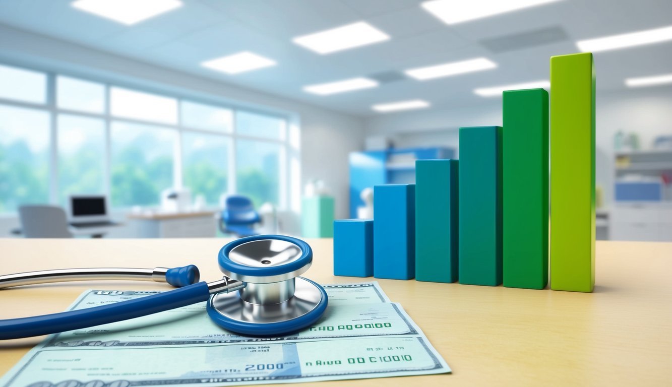 A stethoscope and a paycheck sit on a desk in a brightly lit hospital room.</p><p>A chart shows a steady increase in salary over time