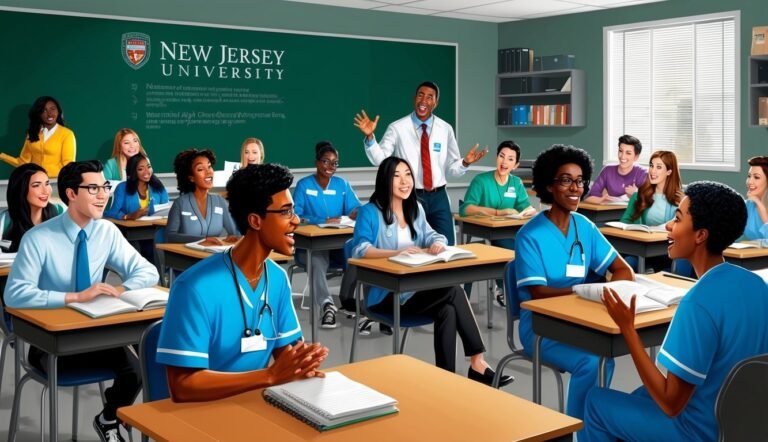 Medical students in a classroom with a professor, New Jersey University on the board