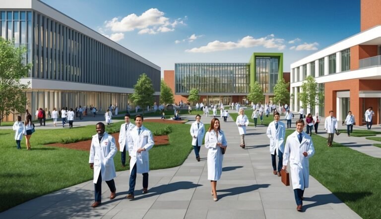 Doctors in white coats walk on a campus with modern buildings