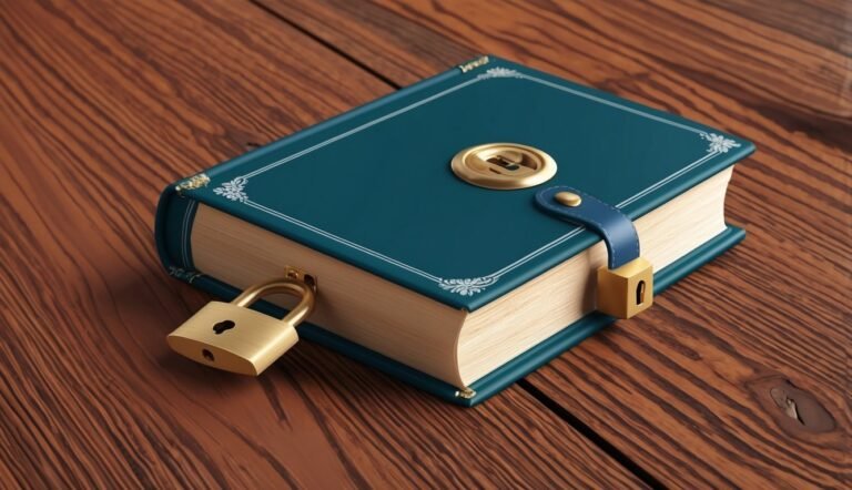 Locked teal book with gold accents and two padlocks on wooden table