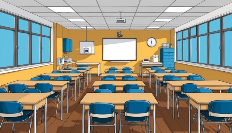 Empty classroom with desks, chairs, a whiteboard, and windows