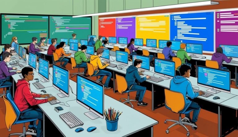 Students coding at computers in a classroom with colorful code displays