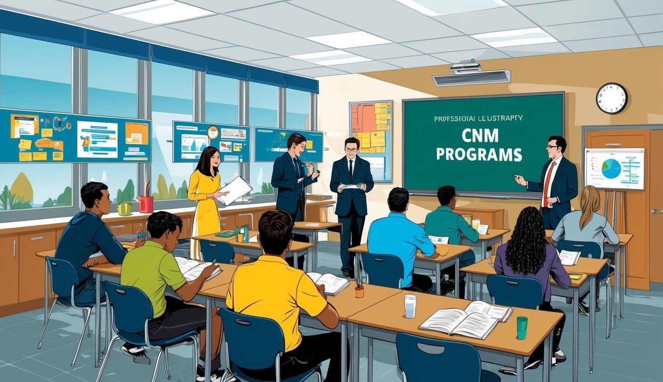 A classroom setting with students and instructors engaged in various educational activities related to CNM programs