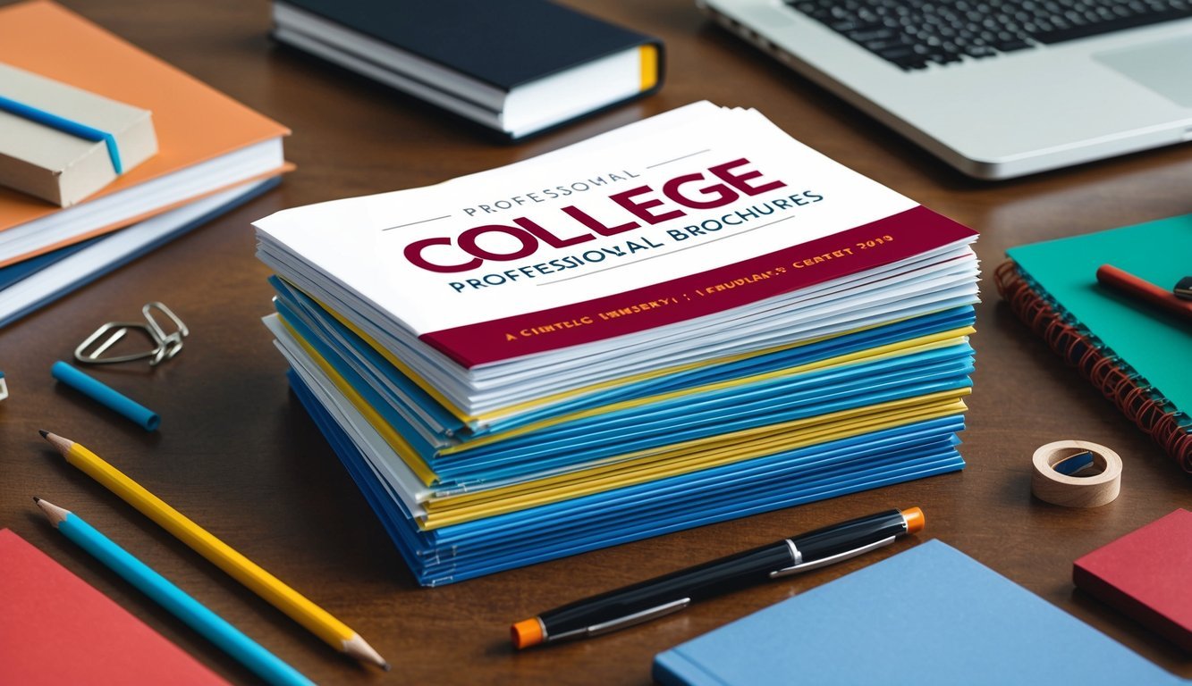 A stack of college brochures surrounded by various academic materials and a laptop
