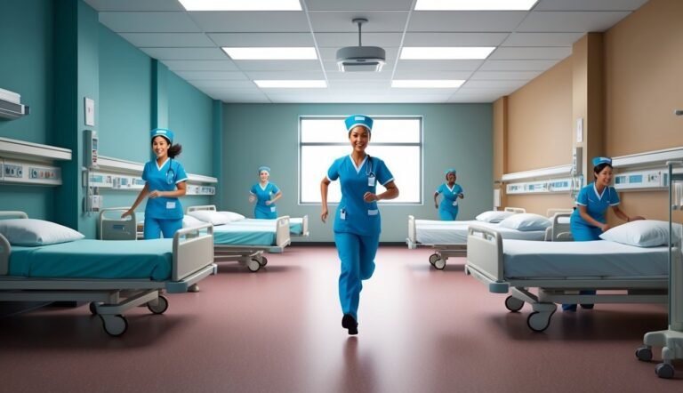 Nurses in blue scrubs running in a hospital room with beds