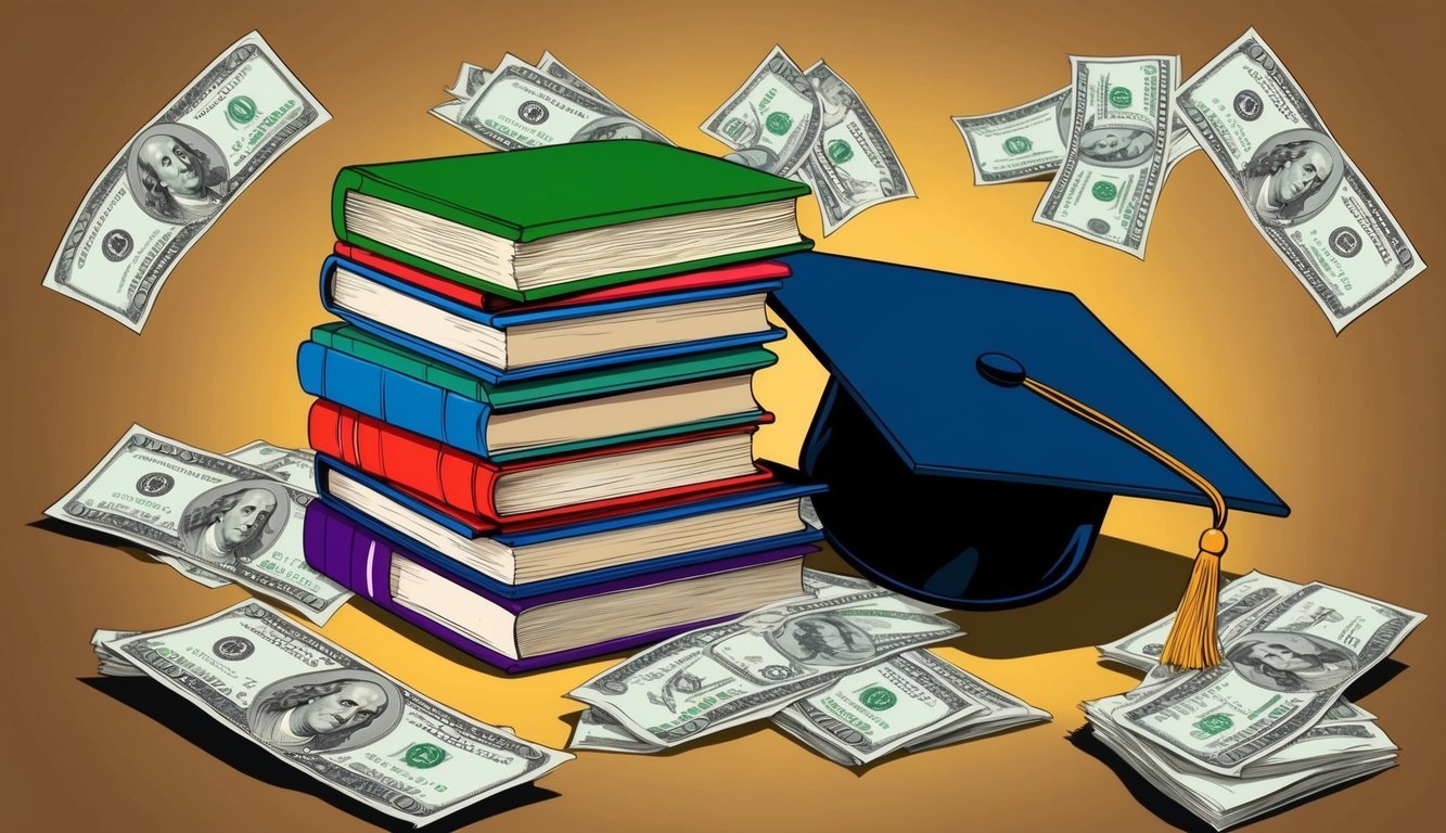 A stack of books and a graduation cap surrounded by dollar bills and financial aid paperwork
