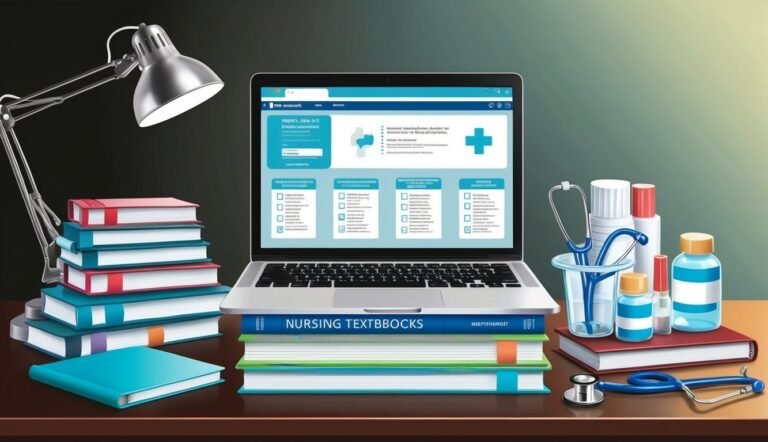 Laptop, books, and medical supplies on a desk, representing nursing education