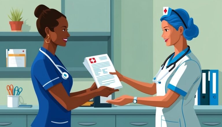 Two nurses exchanging medical documents in a medical office setting