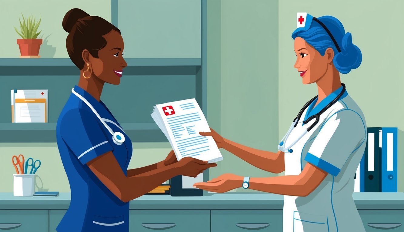 Two nurses exchanging medical documents in a medical office setting