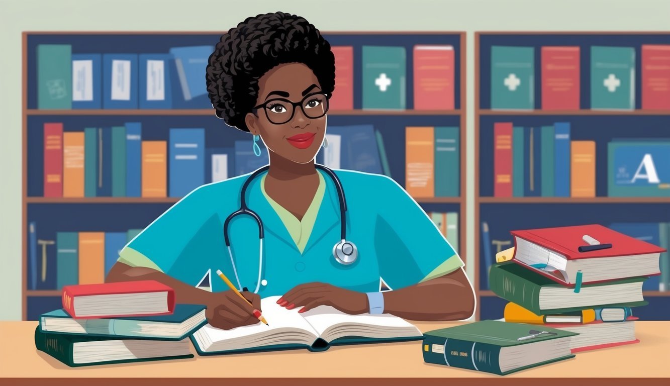 A medical assistant studying textbooks and attending classes to become a registered nurse