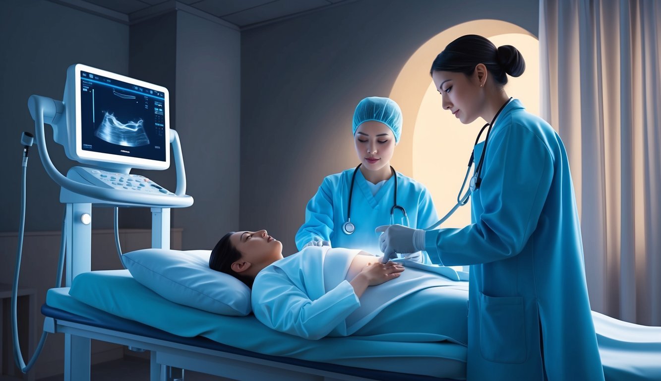 A technician operates ultrasound equipment in a hospital room, scanning a patient's abdomen.</p><p>The room is dimly lit, with the machine casting a soft glow