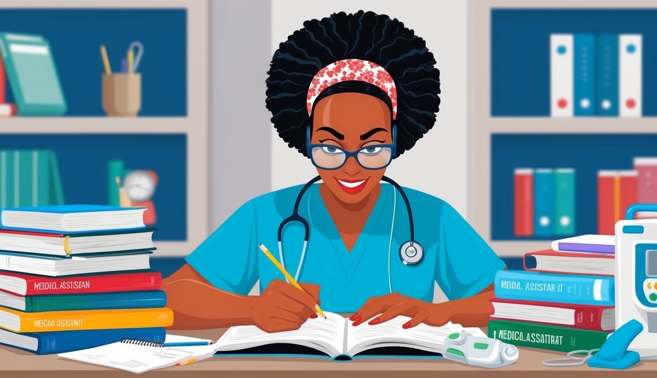 A medical assistant studying for an RN exam, surrounded by textbooks and medical equipment