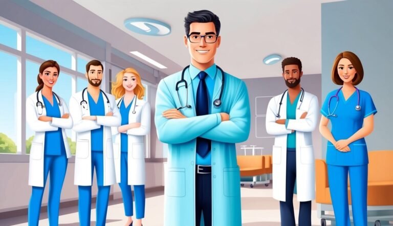 Group of smiling doctors and nurses in a medical office setting