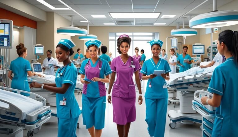 Nurses in scrubs walk through a hospital ward with medical equipment