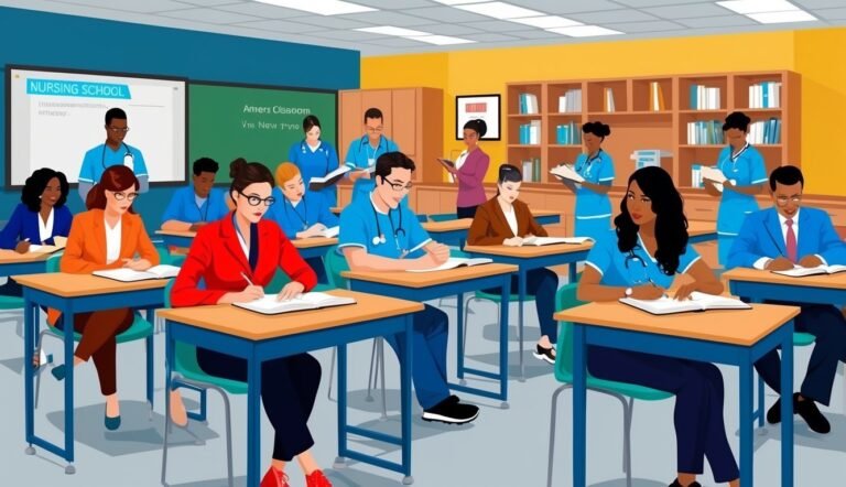 Nursing students in a classroom, some wearing scrubs, taking notes at desks