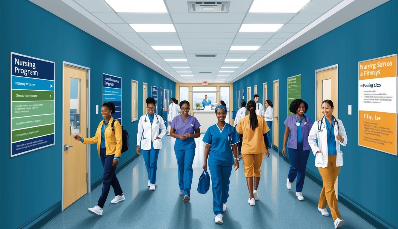 A bustling hallway in a nursing school, with students and faculty moving between classrooms and clinical simulation labs.</p><p>Posters and signs display different program types and pathways for nursing education in New Jersey