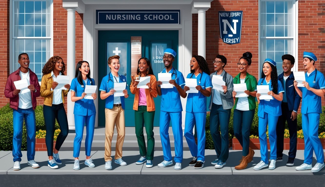 A group of students eagerly waiting outside a nursing school in New Jersey, holding their acceptance letters and chatting excitedly