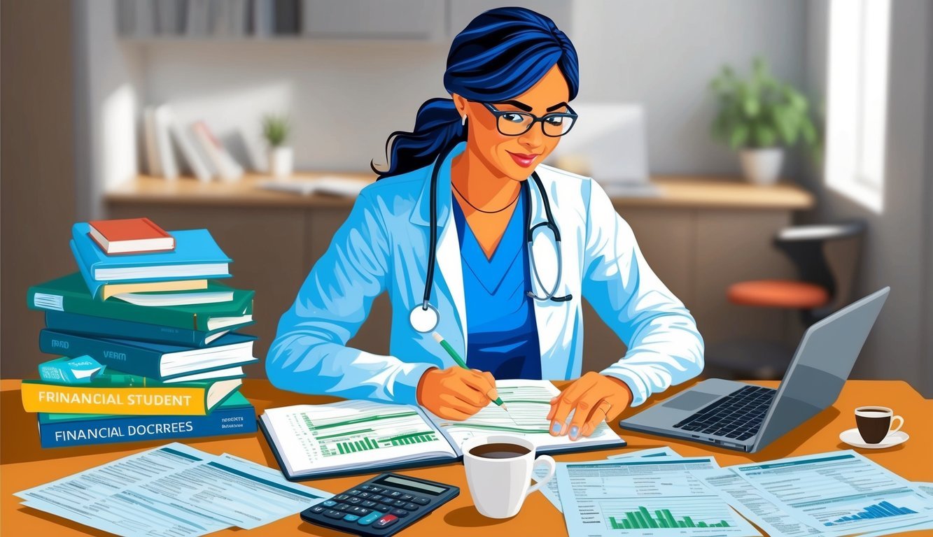 A nursing student studying at a desk with textbooks, a laptop, and financial documents spread out.</p><p>A calculator and a cup of coffee sit nearby