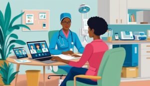 Doctor and patient in a telehealth consultation with other doctors on screen