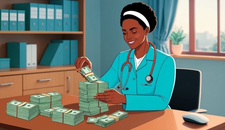 Smiling doctor counting stacks of money on a desk in an office