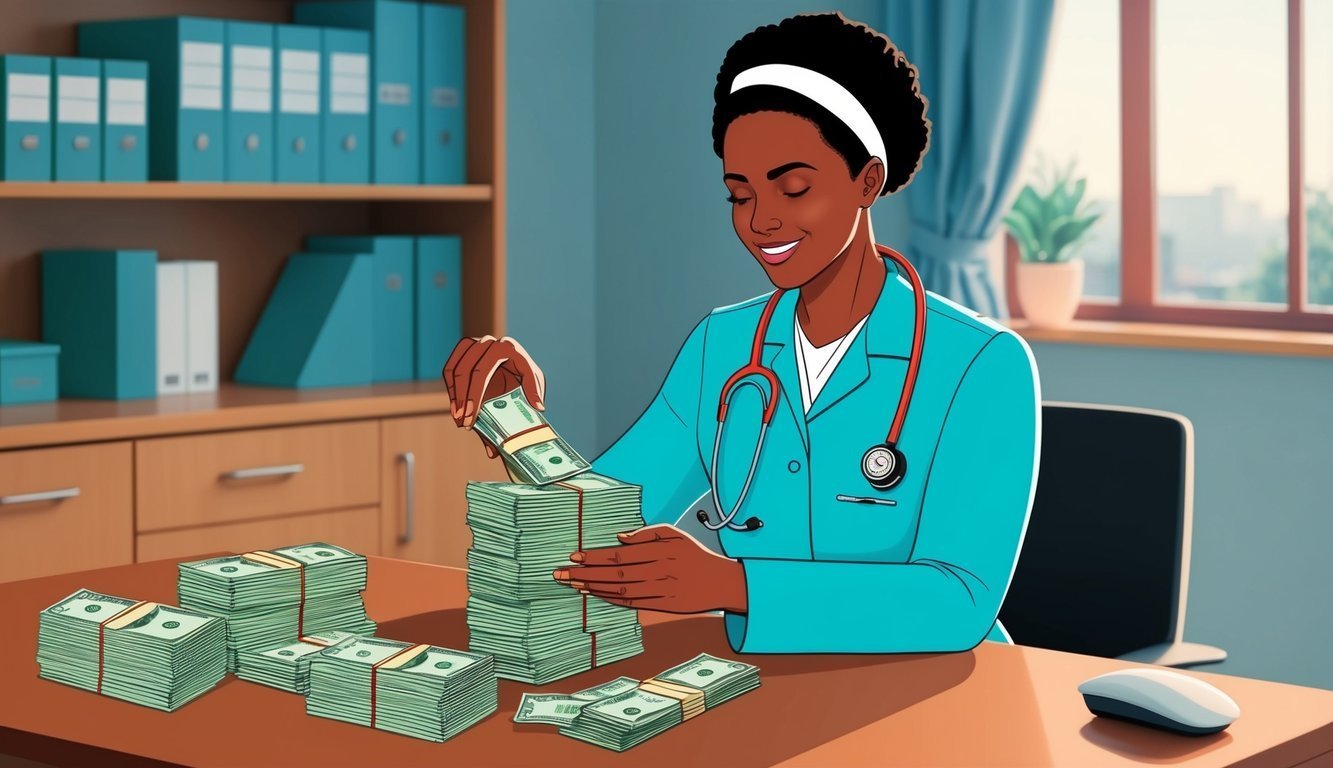 Smiling doctor counting stacks of money on a desk in an office