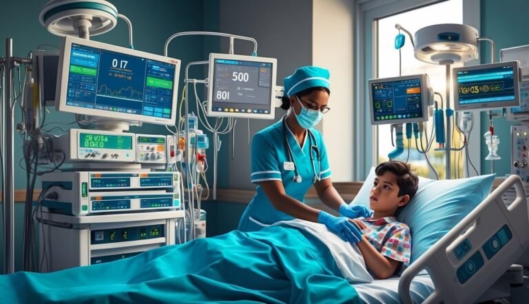 Nurse tending to a young patient in a hospital room with monitors