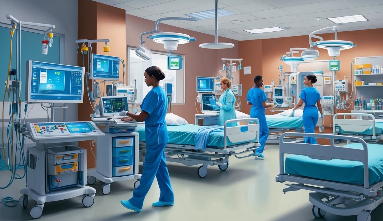A busy PICU with medical equipment, monitors, and beds.</p><p>Nurses and doctors moving around caring for patients