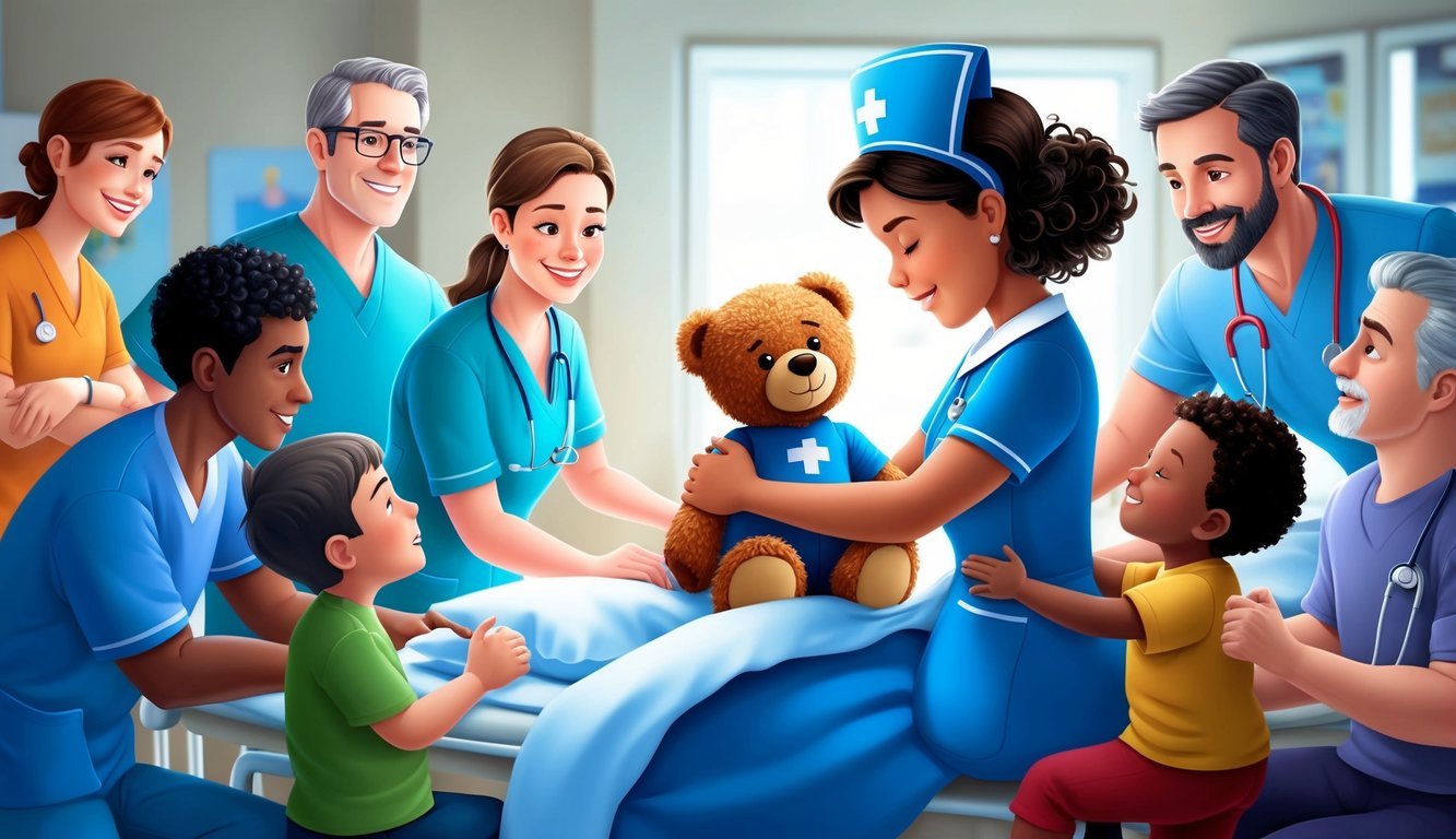 A picu nurse comforting a child with a teddy bear, surrounded by supportive medical staff and family members