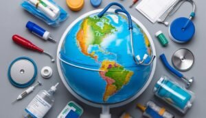 Globe with stethoscope and medical supplies, representing global healthcare