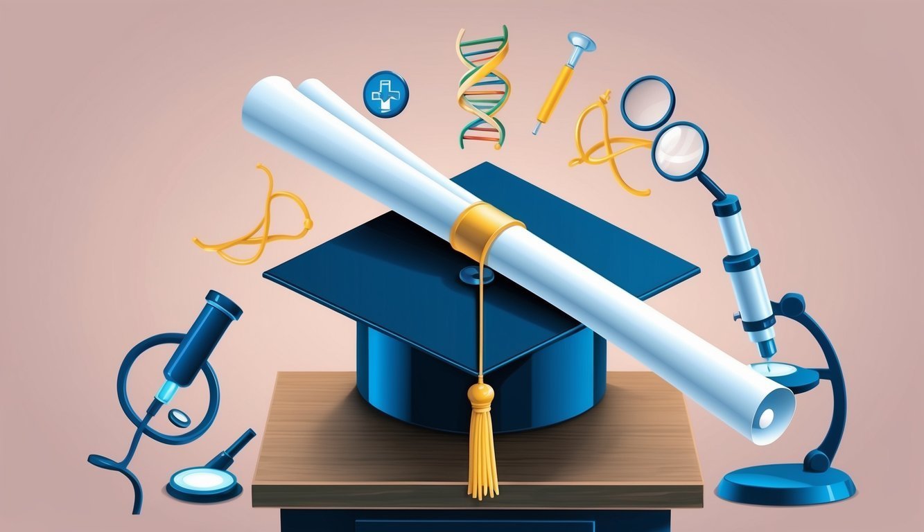 Graduation cap with diploma, medical icons, and microscopes on a wooden table