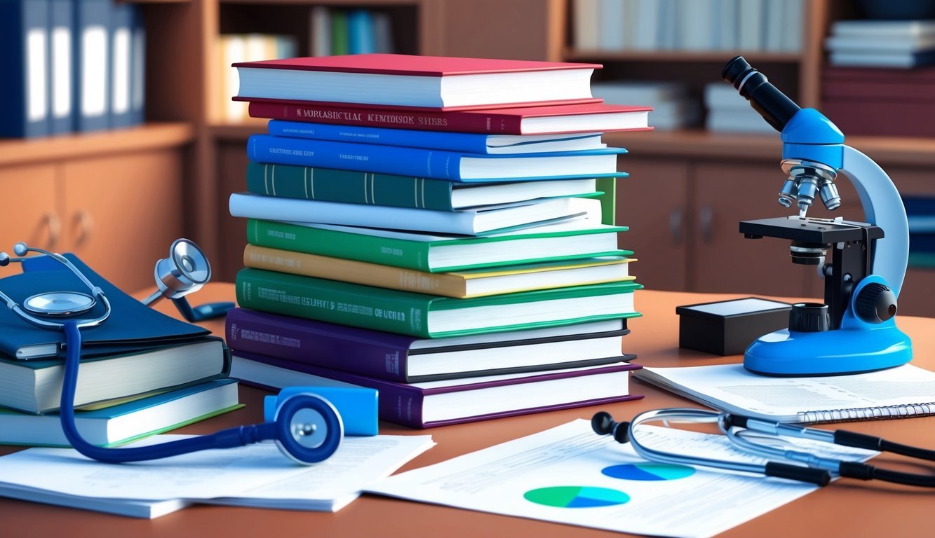 A stack of textbooks and research papers on a desk, surrounded by a stethoscope, microscope, and other scientific equipment