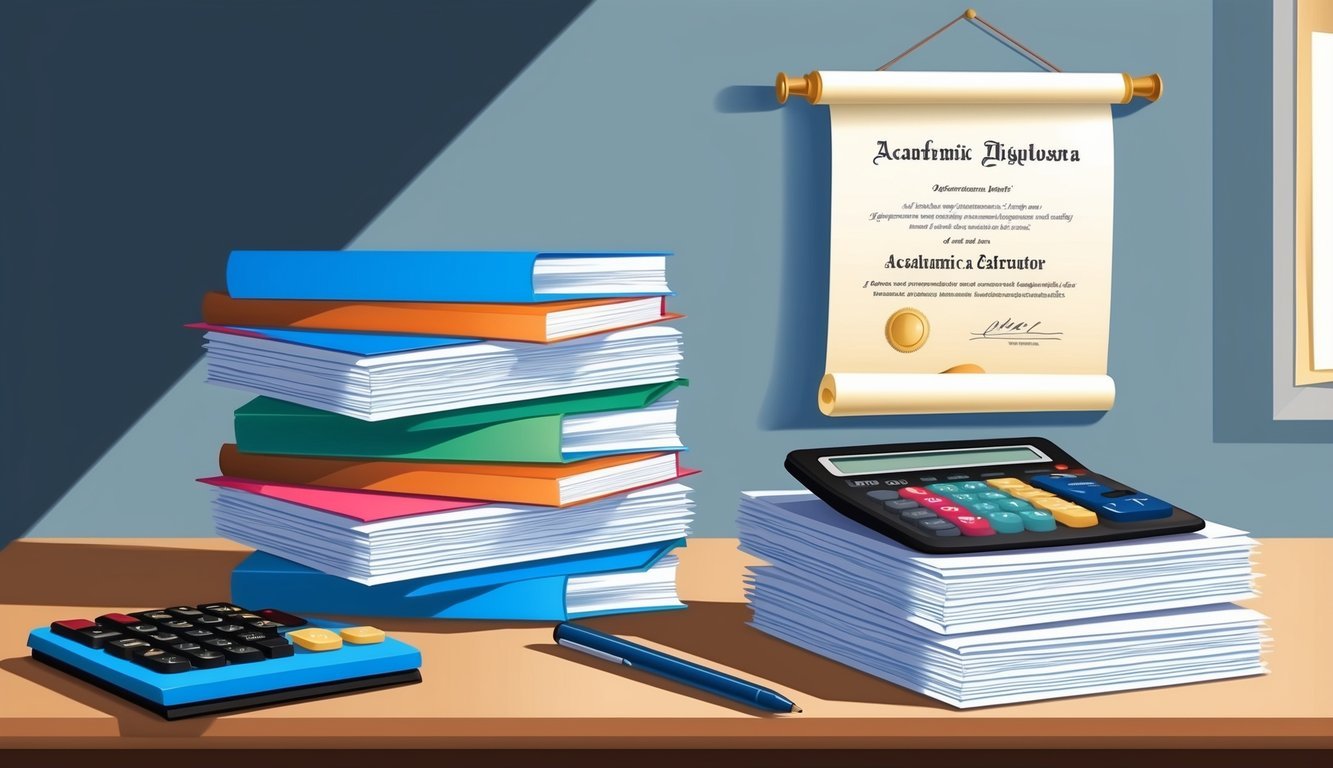 A stack of academic documents and a calculator on a desk, with a diploma hanging on the wall