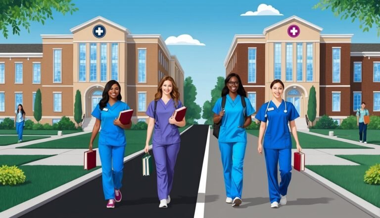 Four smiling nurses walk toward the viewer in front of a hospital