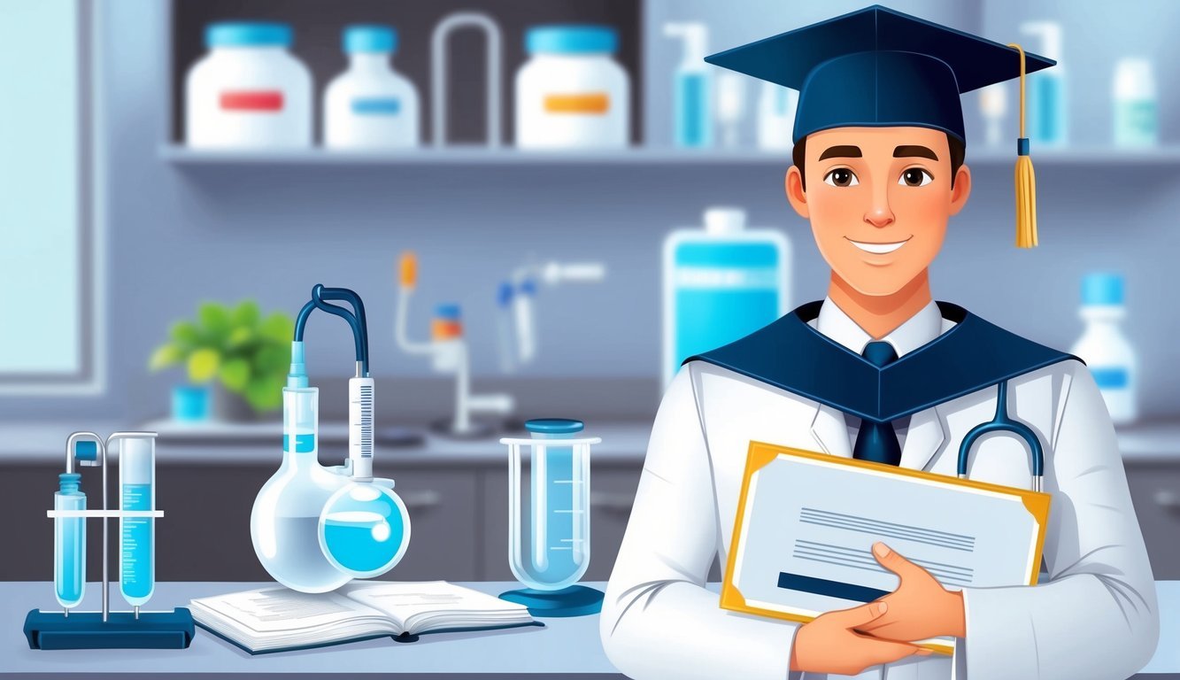 A graduate in a cap and gown holding a diploma with a background of a medical laboratory and a stethoscope