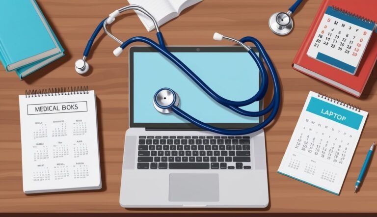 Laptop with stethoscope, calendars, and medical books on a desk
