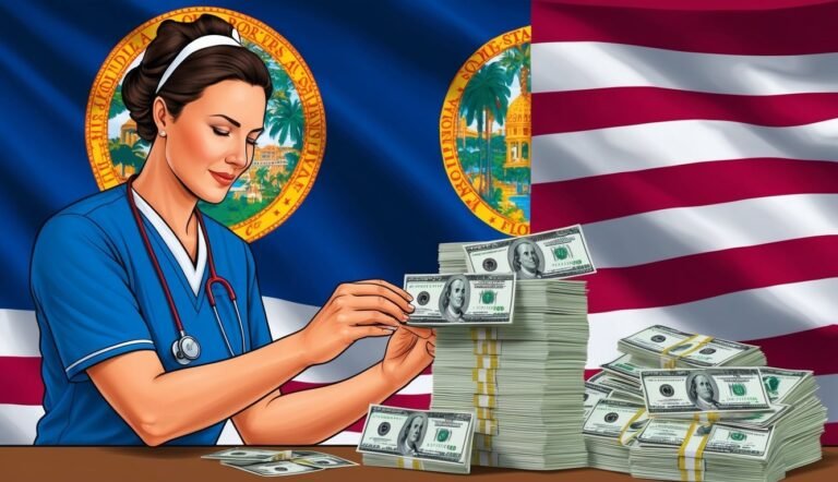 Nurse with money stacks in front of Florida and US flags