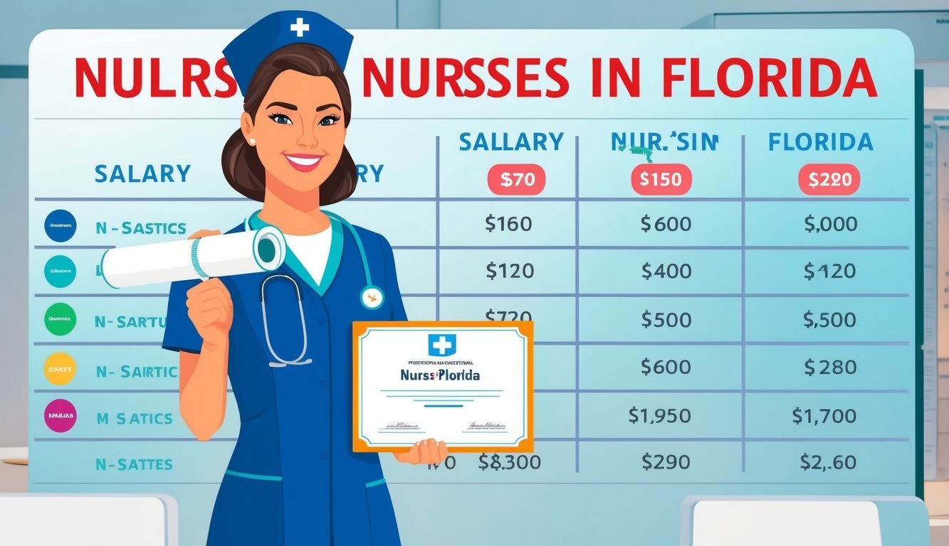 A nurse holding a diploma and certification badge while standing in front of a salary chart for nurses in Florida