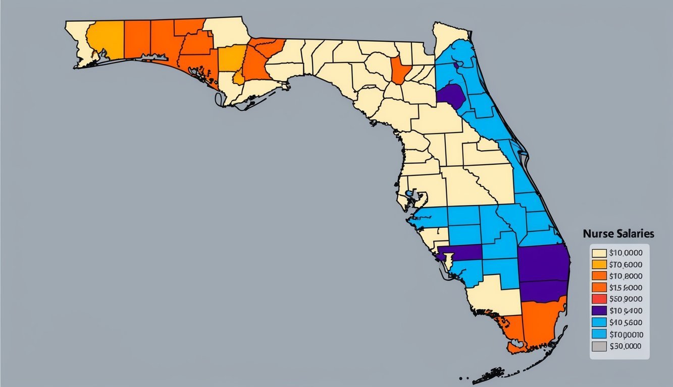 A map of Florida with color-coded regions showing variations in nurse salaries
