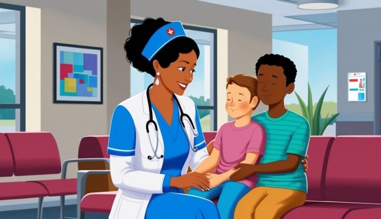 Nurse comforts two children in a doctor's office waiting room