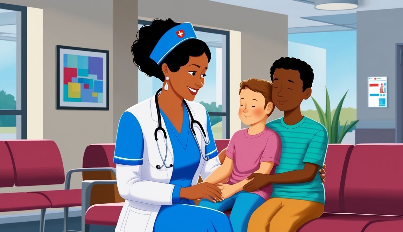 Nurse comforts two children in a doctor's office waiting room