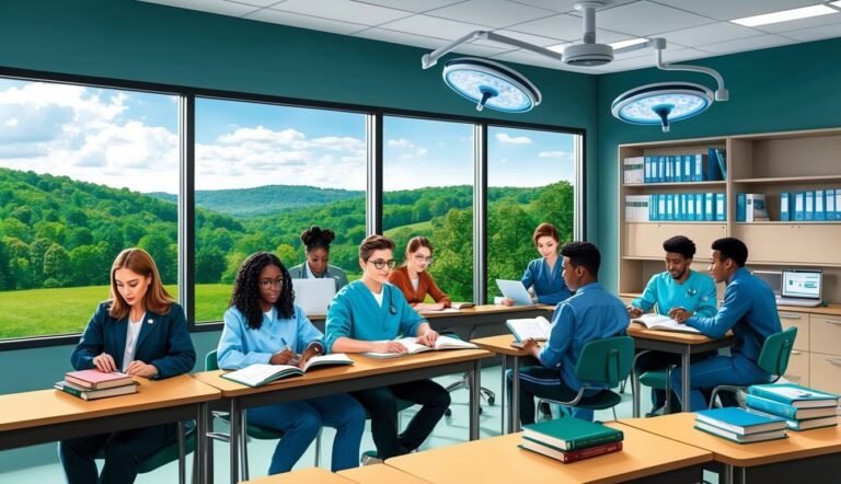 Medical students studying in a classroom with a view of a green landscape