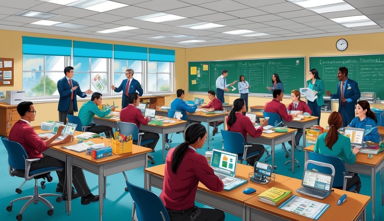 A bustling classroom with students and instructors engaged in interactive learning activities.</p><p>Educational materials and medical equipment are visible throughout the room