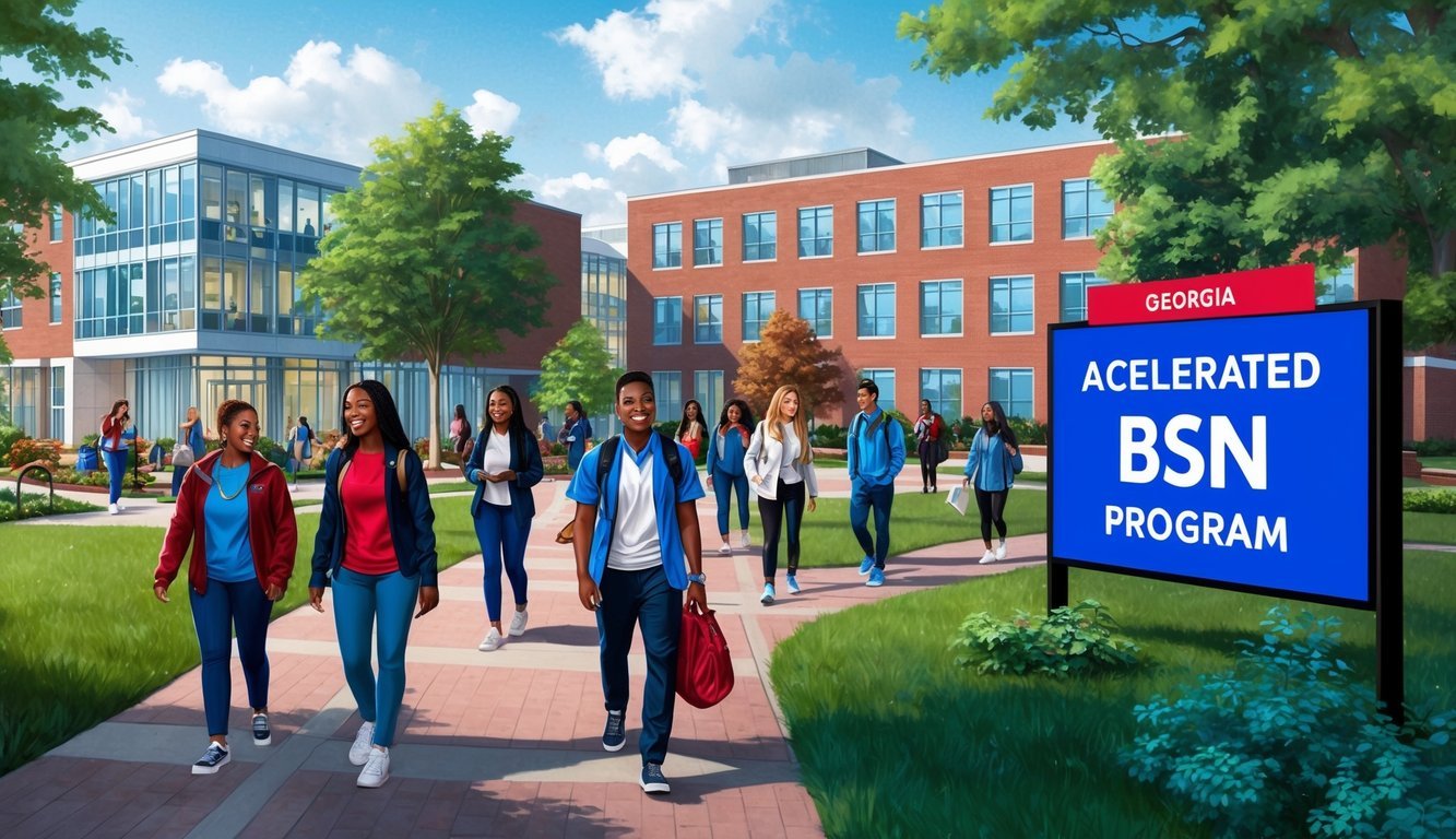 A bustling campus with modern buildings and green spaces, students walking between classes, and a prominent sign displaying "Accelerated BSN Program" at a respected academic institution in Georgia