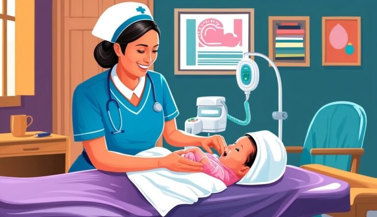 Nurse smiling at newborn baby in a hospital room