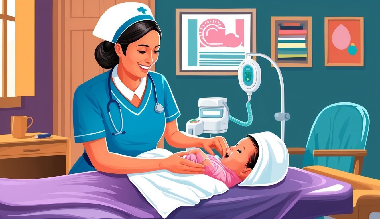 Nurse smiling at newborn baby in a hospital room