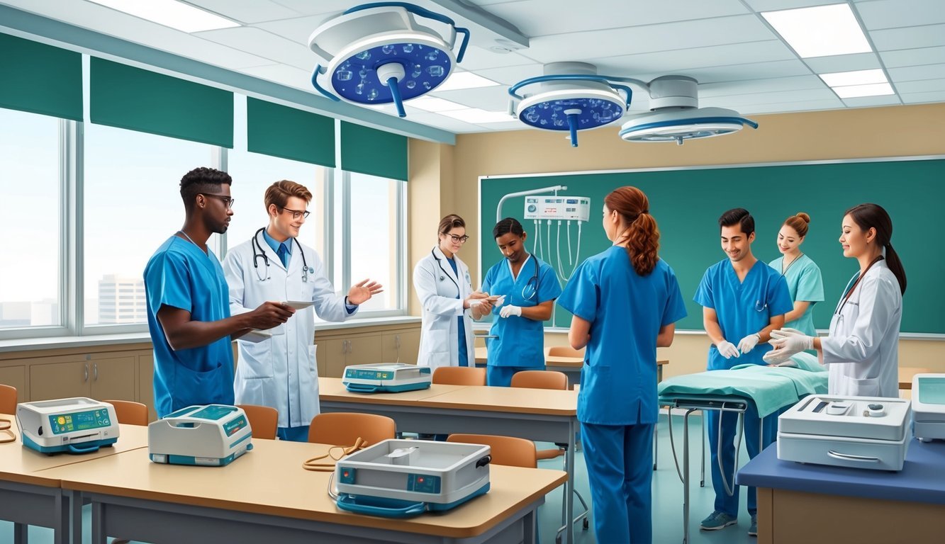 A classroom setting with medical equipment and students engaged in hands-on clinical training