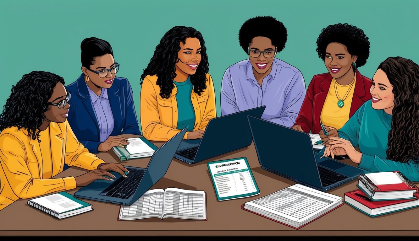 A group of students researching financial options for nursing programs in Georgia, surrounded by laptops, textbooks, and budgeting spreadsheets