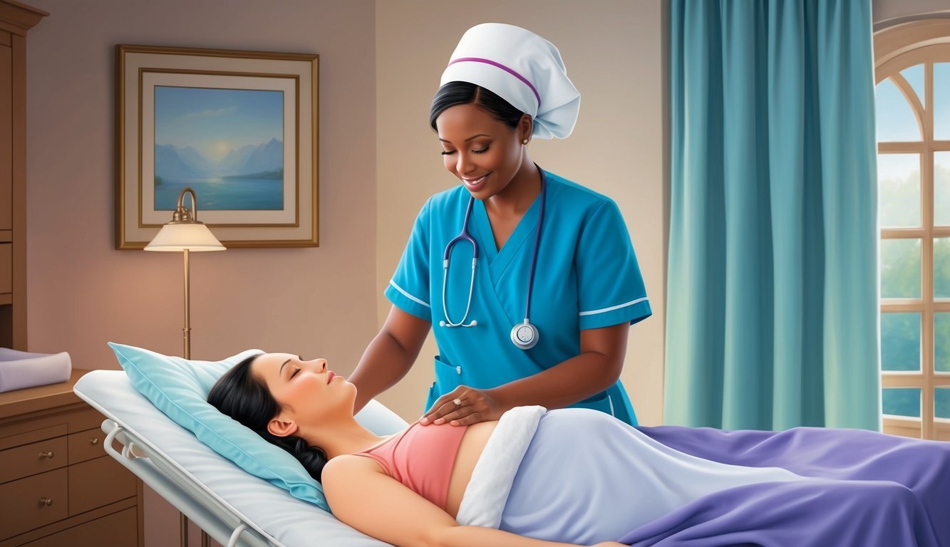 A nurse-midwife calmly assists a laboring mother in a serene birthing suite