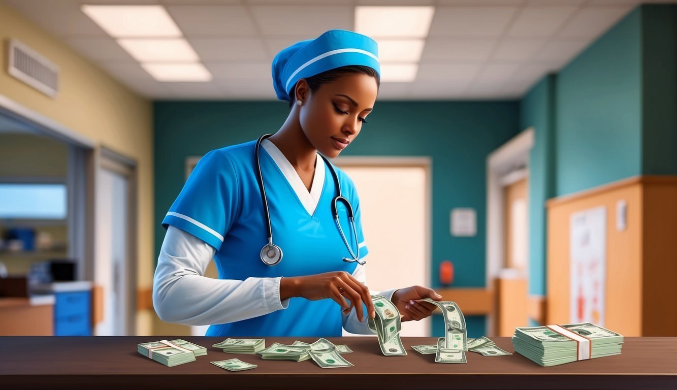Nurse in scrubs counting stacks of money on a table